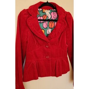 Elevenses Anthropologie Red Corduroy Peplum Blazer Jacket Size 4 Tulip Lined